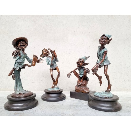 Collection of four bronze gnomes - Forest fairies - Leprechaun characters - Bronze gift idea