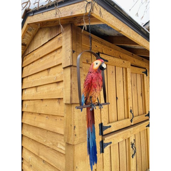Hanging Whimsical Rustic Metal Swinging Macaw Parrot Tropical Bird On Chain Yard Garden Art