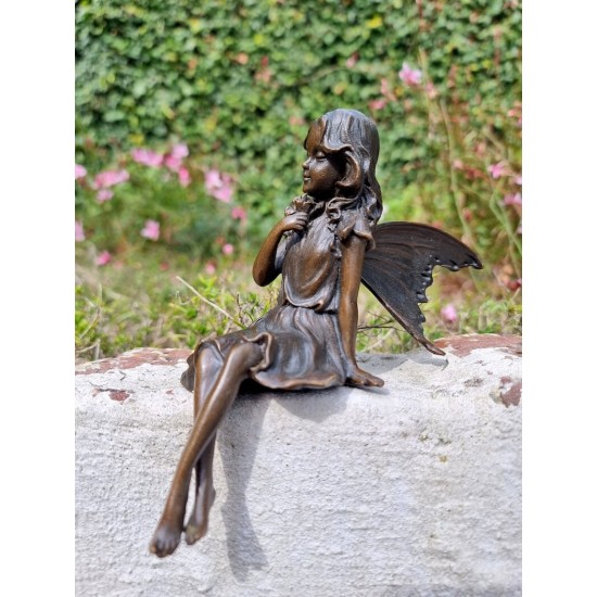 Gracefull Bronze fairy - Windowsill fairy - Sitting pixie with butterflly - Forest fairy - Angel figurines
