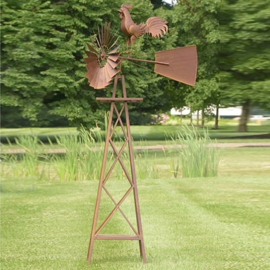 8ft. Tall Large Iron Windmill Stand with Rooster