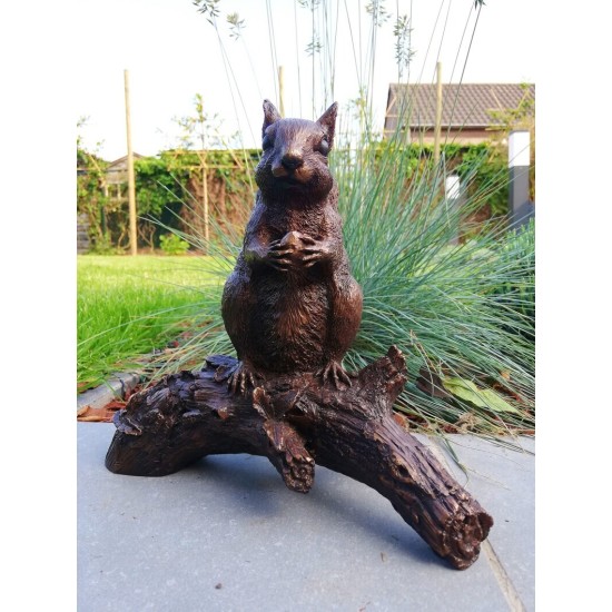 Bronze sculpture of a squirrel  on a stump - Garden decor - Bronze porch decor