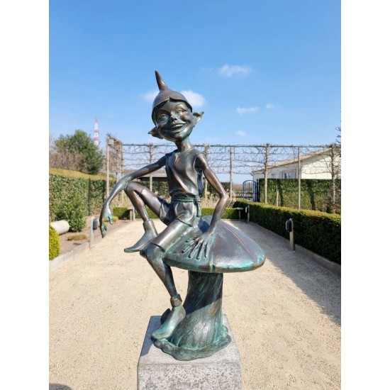 Extra large garden pixie - Bronze garden art - Bronze garden gnome on mushroom