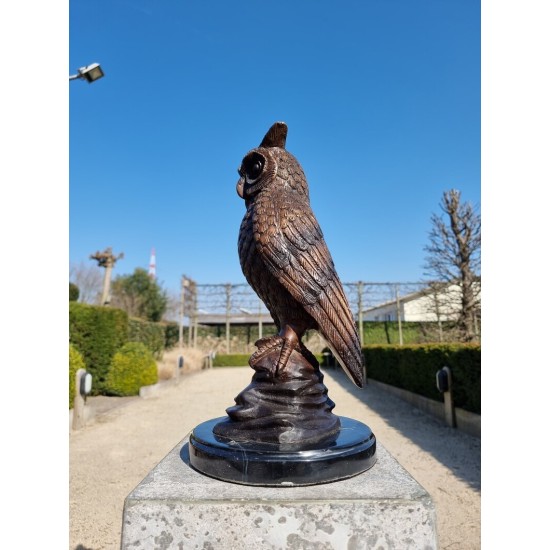 Bronze owl on marble base - Owl sculpture - Bronze owl