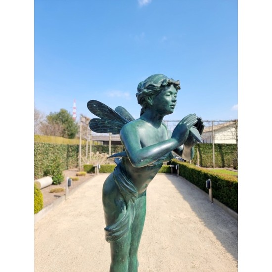 Large bronze angel - Bronze garden sculpture - Fairy with flute