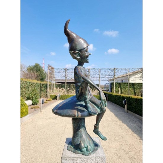 Extra large garden pixie - Bronze garden art - Bronze garden gnome on mushroom
