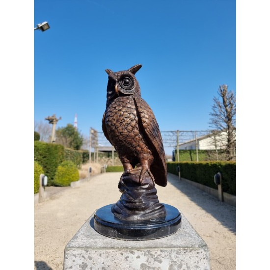 Bronze owl on marble base - Owl sculpture - Bronze owl