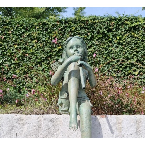 Bronze fairy with flute - Garden art - Bronze outdoor statues - Romantic garden