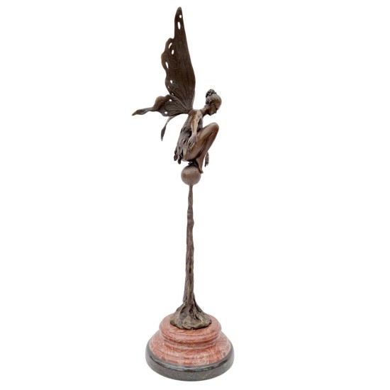 Large bronze fairy on sphere - Seated fairy - Magic sculpture