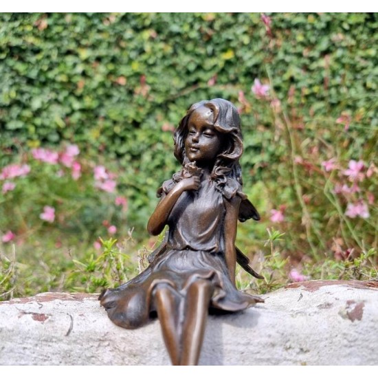Gracefull Bronze fairy - Windowsill fairy - Sitting pixie with butterflly - Forest fairy - Angel figurines