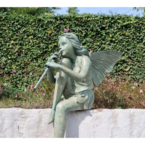 Bronze fairy with flute - Garden art - Bronze outdoor statues - Romantic garden