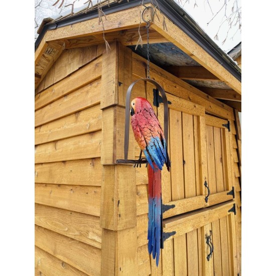 Hanging Whimsical Rustic Metal Swinging Macaw Parrot Tropical Bird On Chain Yard Garden Art
