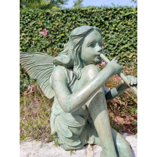 Bronze fairy with flute - Garden art - Bronze outdoor statues - Romantic garden