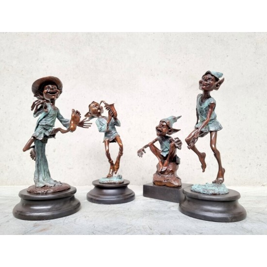 Collection of four bronze gnomes - Forest fairies - Leprechaun characters - Bronze gift idea