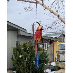 Hanging Whimsical Rustic Metal Swinging Macaw Parrot Tropical Bird On Chain Yard Garden Art