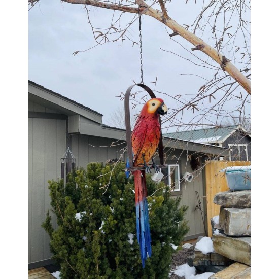 Hanging Whimsical Rustic Metal Swinging Macaw Parrot Tropical Bird On Chain Yard Garden Art