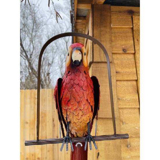 Hanging Whimsical Rustic Metal Swinging Macaw Parrot Tropical Bird On Chain Yard Garden Art
