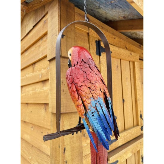 Hanging Whimsical Rustic Metal Swinging Macaw Parrot Tropical Bird On Chain Yard Garden Art