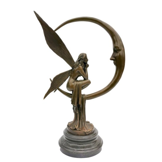Amazing bronze sculpture of a bronze fairy sitting on the moon