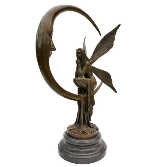 Amazing bronze sculpture of a bronze fairy sitting on the moon