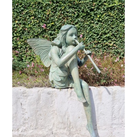 Bronze fairy with flute - Garden art - Bronze outdoor statues - Romantic garden