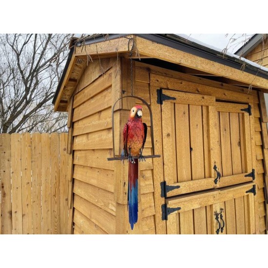Hanging Whimsical Rustic Metal Swinging Macaw Parrot Tropical Bird On Chain Yard Garden Art