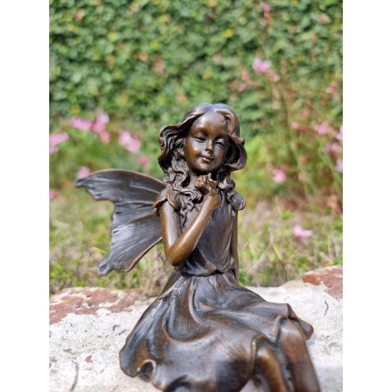 Gracefull Bronze fairy - Windowsill fairy - Sitting pixie with butterflly - Forest fairy - Angel figurines