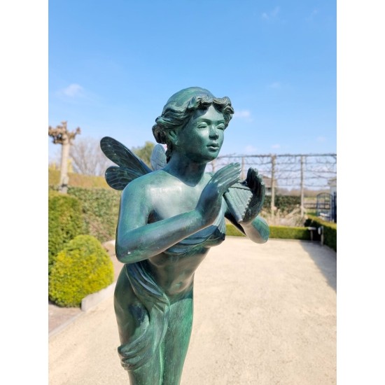 Large bronze angel - Bronze garden sculpture - Fairy with flute