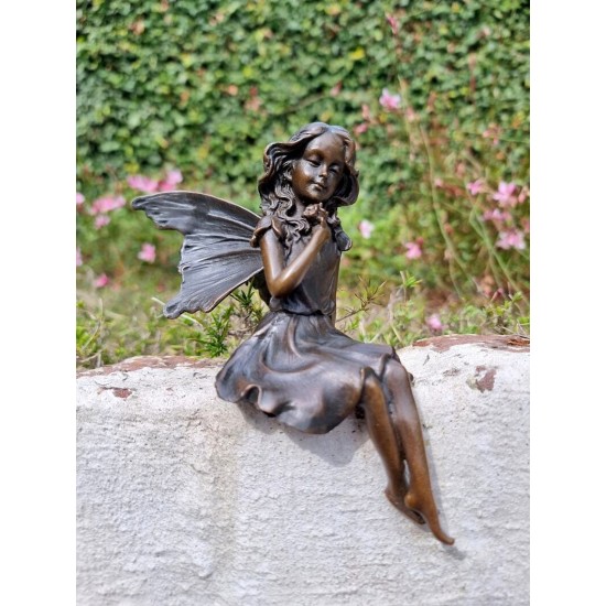 Gracefull Bronze fairy - Windowsill fairy - Sitting pixie with butterflly - Forest fairy - Angel figurines