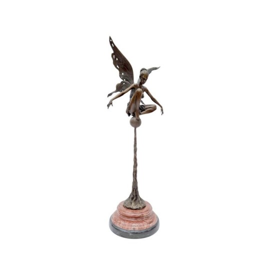 Large bronze fairy on sphere - Seated fairy - Magic sculpture