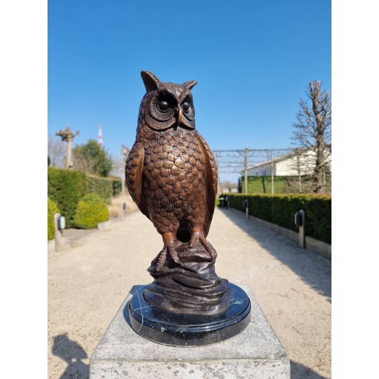 Bronze owl on marble base - Owl sculpture - Bronze owl