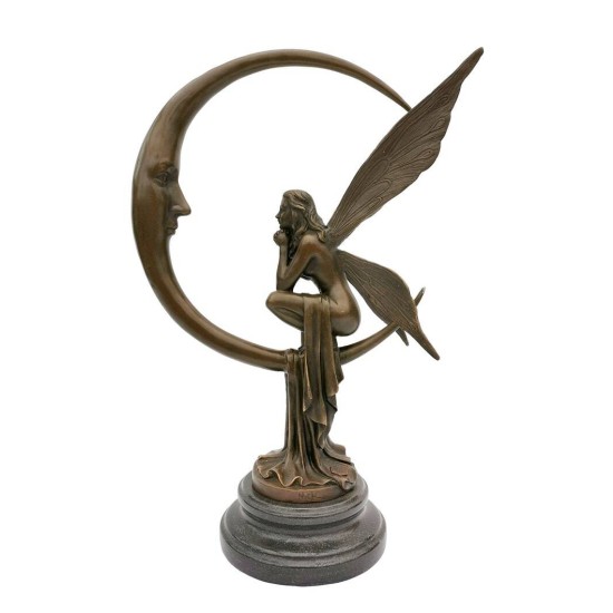 Amazing bronze sculpture of a bronze fairy sitting on the moon