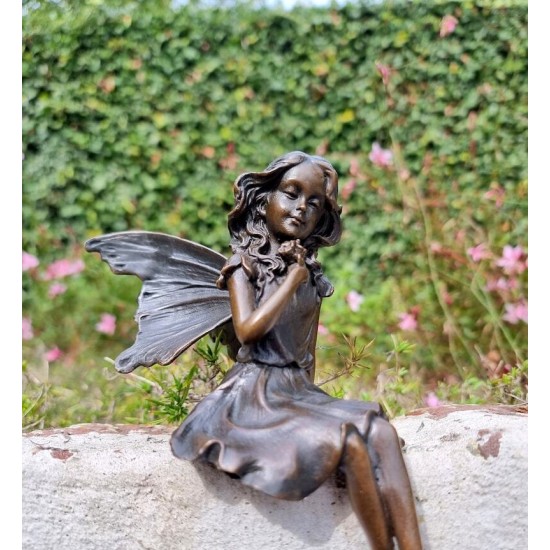 Gracefull Bronze fairy - Windowsill fairy - Sitting pixie with butterflly - Forest fairy - Angel figurines