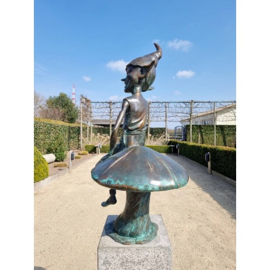 Extra large garden pixie - Bronze garden art - Bronze garden gnome on mushroom