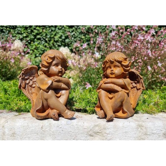 Pair of seated angels in cast iron - garden decoration - Angels