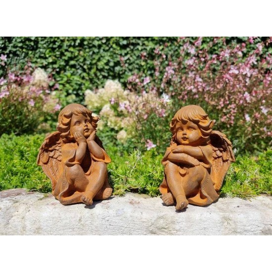 Pair of seated angels in cast iron - garden decoration - Angels