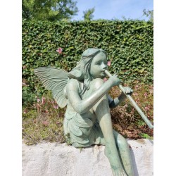 Bronze fairy with flute - Garden art - Bronze outdoor statues - Romantic garden