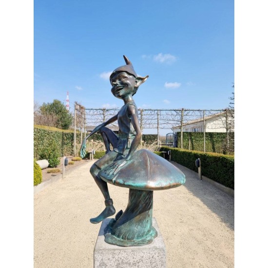 Extra large garden pixie - Bronze garden art - Bronze garden gnome on mushroom