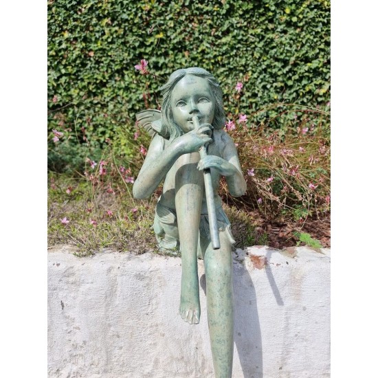 Bronze fairy with flute - Garden art - Bronze outdoor statues - Romantic garden