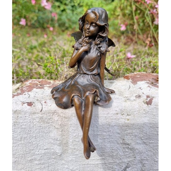 Gracefull Bronze fairy - Windowsill fairy - Sitting pixie with butterflly - Forest fairy - Angel figurines