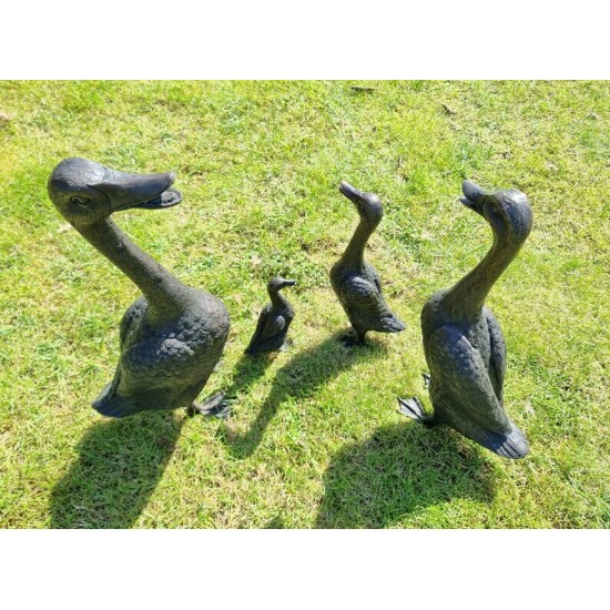 A duck family - group of bronze ducks - runner ducks - Bronze garden sculptures - bronze geese - pond decoration