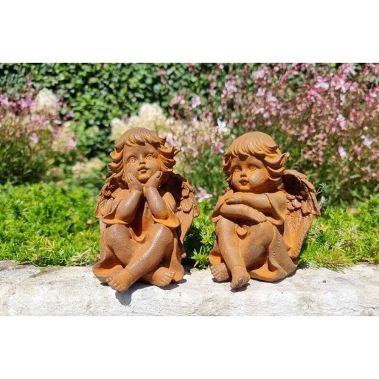 Pair of seated angels in cast iron - garden decoration - Angels