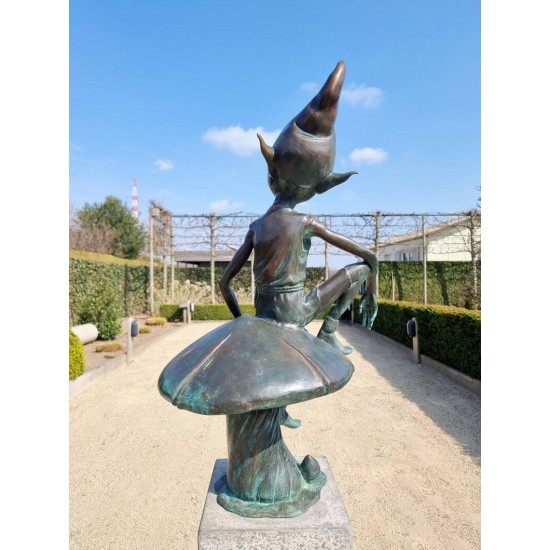 Extra large garden pixie - Bronze garden art - Bronze garden gnome on mushroom