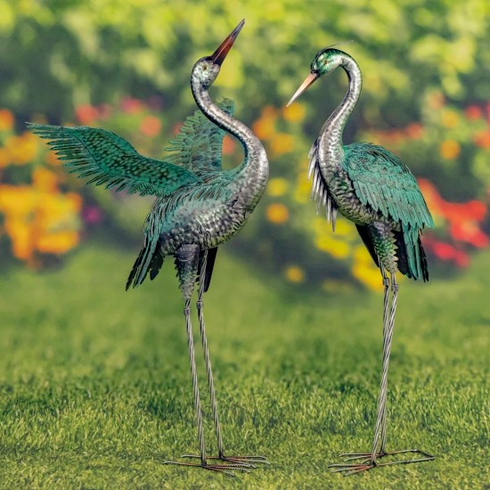 44.5"Serenity in Flight" Metallic Iron Heron Garden Statues (Pair)