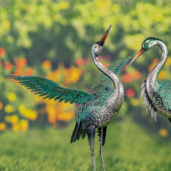 44.5"Serenity in Flight" Metallic Iron Heron Garden Statues (Pair)