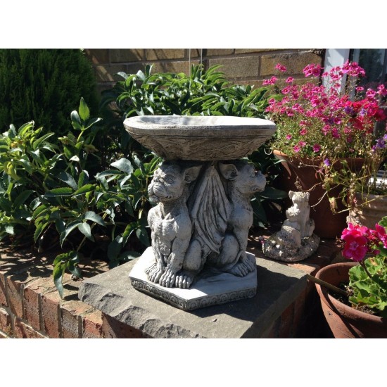 Stunning Stone Triple Gargoyle Garden Bird Bath