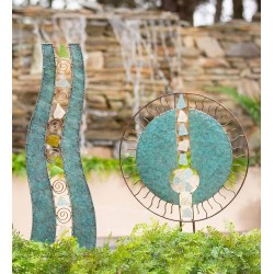 Handcrafted Wavy Metal and Glass Garden Sculpture