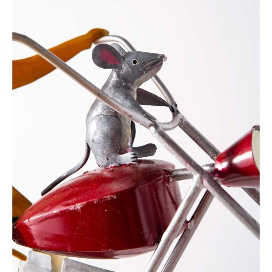 Metal Cat on Motorcycle With Spinning Wheels Wind Spinner