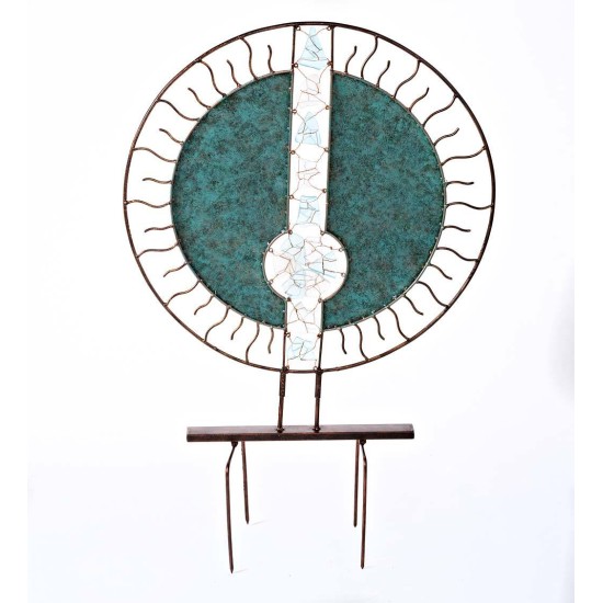 Handcrafted Round Metal and Glass Garden Sculpture