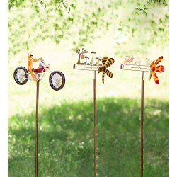 Metal Cat on Motorcycle With Spinning Wheels Wind Spinner