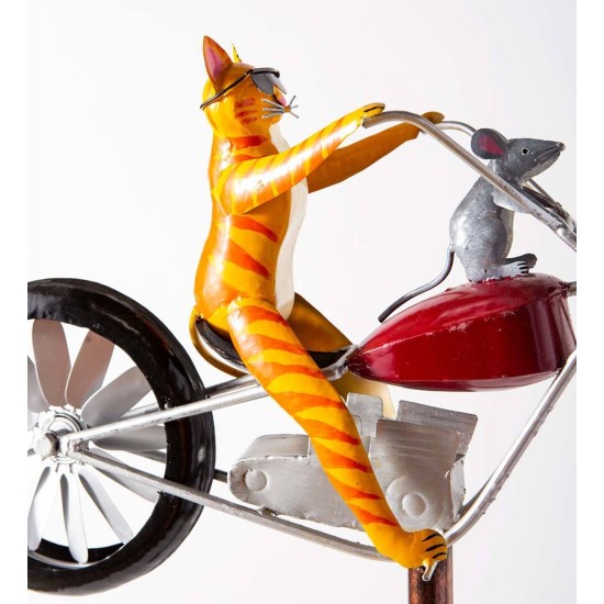Metal Cat on Motorcycle With Spinning Wheels Wind Spinner